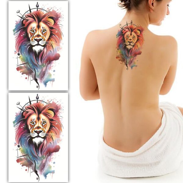 S.A.V.I 2 Sheets Large Lion Temporary Tattoos – 19x12cm Waterproof Body Art Stickers for Women & Men | Vibrant Multicolor Design, Long-Lasting Fake Tattoos for Back, Arm, Shoulder