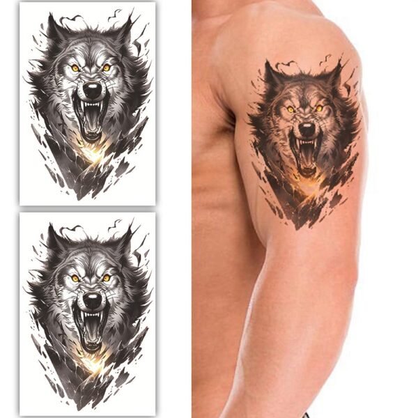 S.A.V.I 2 Large Wolf Temporary Tattoos for Men & Women - Realistic Black Ink, Waterproof Body Art - 19x12cm, Easy Application, Long-lasting Removable Tattoo Stickers for Arm, Shoulder, Chest