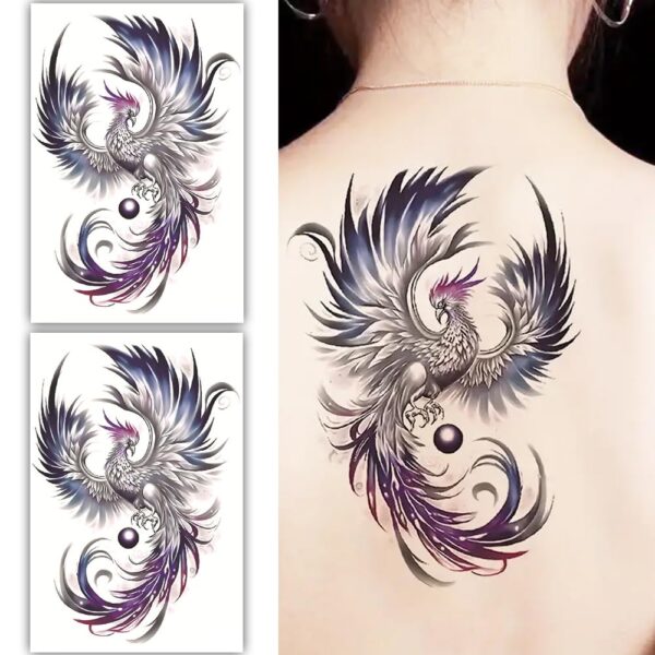 S.A.V.I 2 Sheets Large Phoenix Temporary Tattoo 19x12cm - Stylish Grey, Purple & Pink Waterproof Body Art Stickers for Women & Men - Long-Lasting, Easy to Apply & Remove - Party & Event Ready