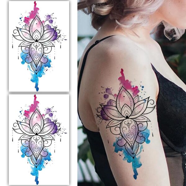 S.A.V.I 2PCS Vibrant Lotus Flower Temporary Tattoo, 19x12cm, Watercolor Ink in Purple, Pink, Blue | Long-Lasting, Waterproof Body Art for Girls & Women | Easy to Apply & Remove