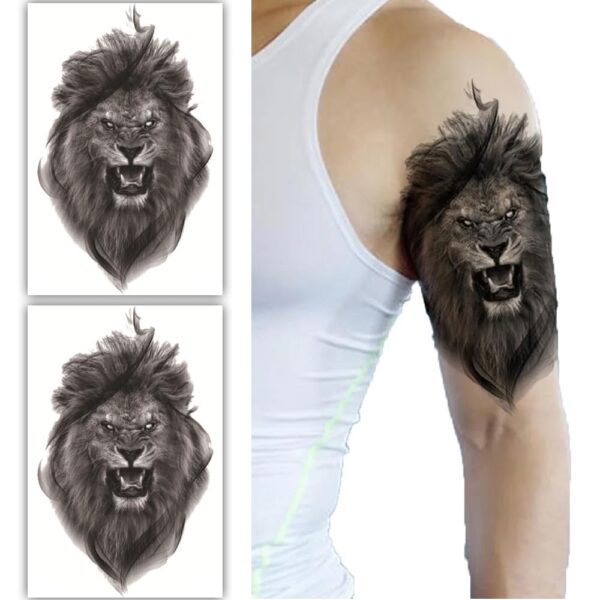 S.A.V.I 2 Sheets Realistic Black Lion Temporary Tattoo Stickers - Large 19x12cm - Long-Lasting Waterproof Body Art for Men & Women - Easy Apply & Remove - Ideal for Arm, Shoulder, Back