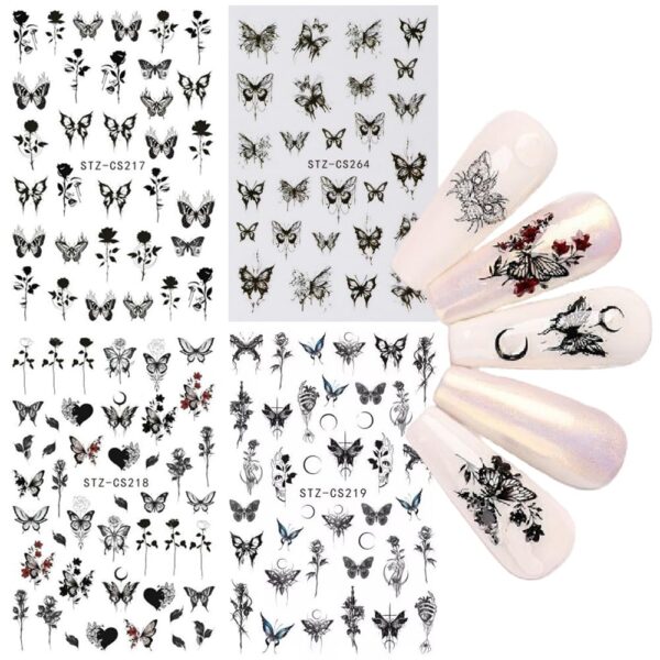 S.A.V.I 4 Pcs Set Self-Adhesive Butterfly & Rose Nail Stickers - Black, Red, Blue Floral Decals for DIY Manicure Art - Long-Lasting, Easy to Apply Nail Decor for Salons & Home Use