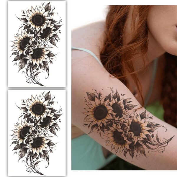 S.A.V.I 2 Large Sunflower Temporary Tattoos for Women & Teens,19x12cm Sheets, Black & Yellow Floral Body Art Stickers – Waterproof, Long-Lasting Fake Tattoos for Arm, Leg, Back