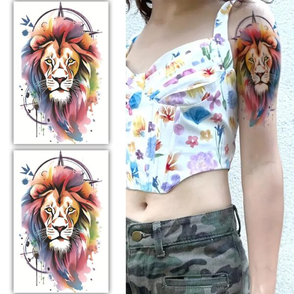 S.A.V.I 2 Sheets Vibrant Lion Temporary Tattoos - Watercolor Art Design, 19x12cm - Long-Lasting & Waterproof, Easy to Apply, Ideal for Men & Women - Festivals, Parties & Events (Multi-Color)