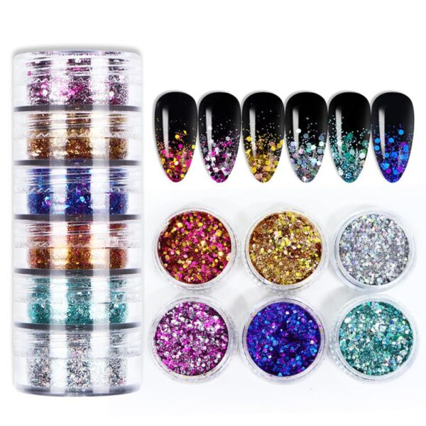 S.A.V.I 6 Jars Mixed Color Nail Glitter Sequins Set - Holographic Gold, Fuchsia, Blue, Silver & More | 35g Each | DIY Nail Art Decoration for Gel, Acrylic, Natural Nails | Festival & Party Shine