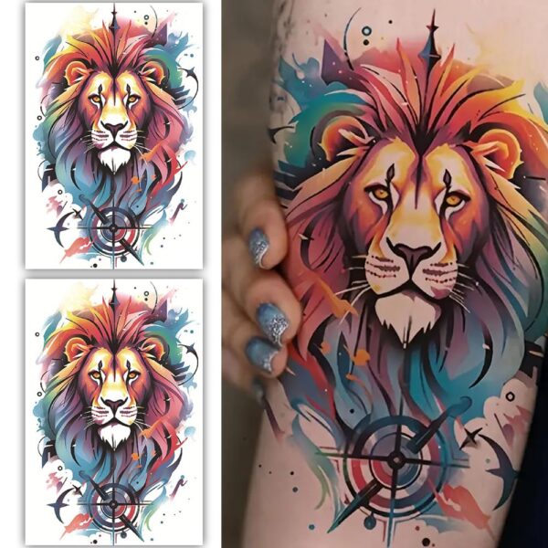 S.A.V.I Vibrant Lion Temporary Tattoo 2 Sheets - 19x12cm Waterproof, Realistic & Long-lasting Body Art Stickers for Men & Women - Multi-Color Design, Easy Application & Removal - All Skin Types