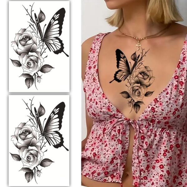 S.A.V.I 2 Sheets Black Floral Butterfly Temporary Tattoos - Large 19x12cm Waterproof Body Art Stickers for Girls & Women - Long-Lasting, Easy Application - Perfect for Chest, Arm, Back