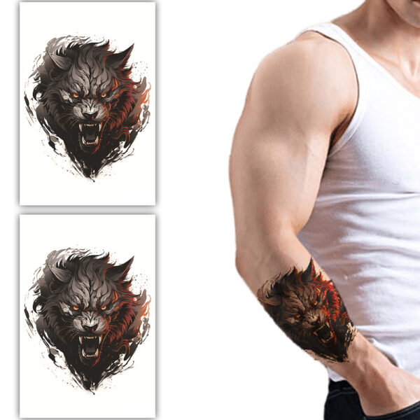 S.A.V.I 2 Sheets Large Wolf Temporary Tattoos for Men - 19x12cm Waterproof Body Art Stickers - Realistic Black & Red Animal Design, Long-Lasting for Arms, Chest & Back
