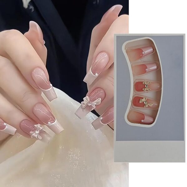 S.A.V.I 24 PCs Long Coffin Nude French Manicure Fake Nails with 3D Bowknot Design, Reusable Press-On Nails for Women - Elegant & Durable Artificial Nails for Weddings & Parties