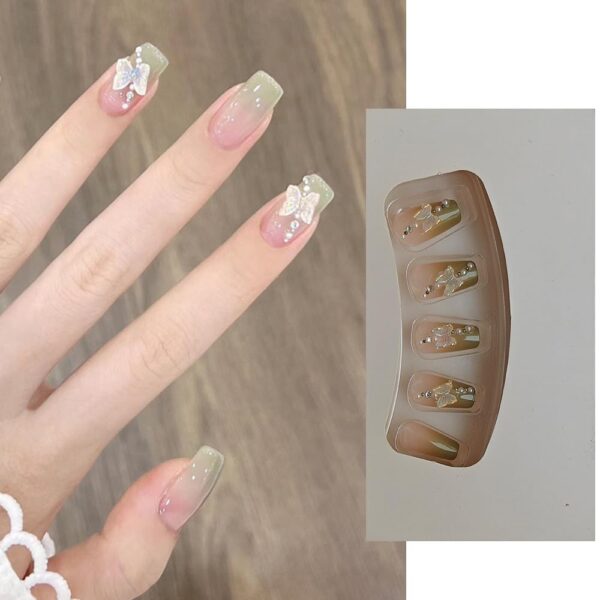 S.A.V.I Long Coffin Press-On Nails - 24 PCs Gradient Nude & Green with 3D Butterfly Charm | Reusable Fake Nails for Women | Stylish Nail Art for Weddings, Parties | Durable & Chic