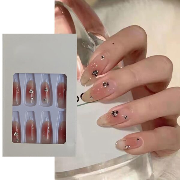 S.A.V.I 24 PCs Long Nude Press-On Nails with Rhinestones | Reusable Round Shape Fake Nails for Women | Easy 1-Minute Application | Stylish Manicure Set for Parties| Elegant Nail Art Tips