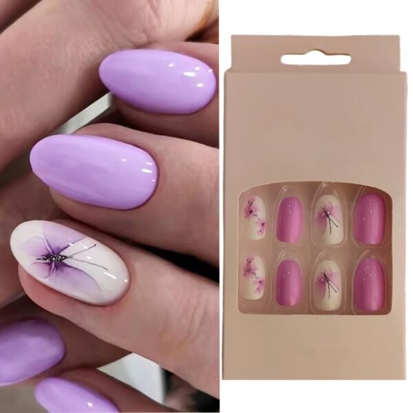 S.A.V.I Press-On Nails - 24 Pc Purple & White Floral, Medium Length with Glue & Tabs