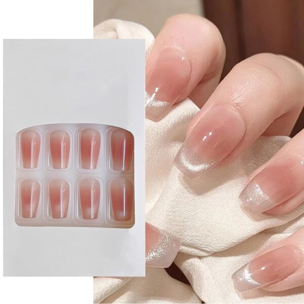 S.A.V.I 24 PCS Nude & Pink Blush Cat's Eye Long Coffin Fake Nails – DIY Manicure Kit, Elegant Press-On False Nails, Natural Look, Comfortable & Durable Nail Extensions for Women