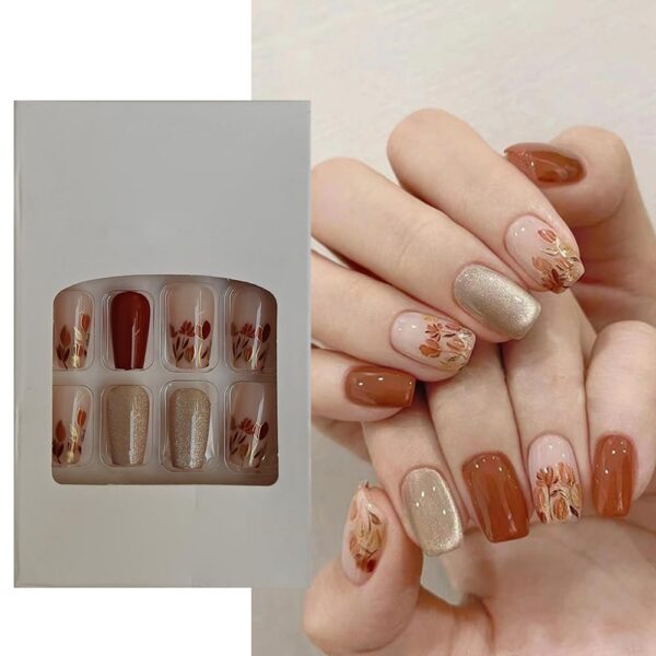 S.A.V.I 24 Pcs Medium Coffin Shape Press-On Nails | Elegant Golden Glitter, Maroon, Nude | Tulip Floral & Cat's Eye Design | Natural, Comfortable False Nails for Women | DIY Kit