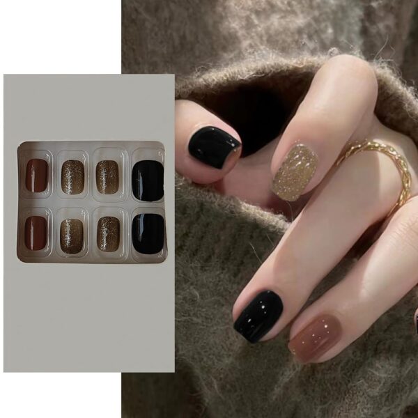 S.A.V.I 24 PCs Short Natural Shape False Nails - Brown, Black & Gold Glitter | Stylish, Durable & Reusable Fake Nails for Women | Easy to Apply | Perfect for Parties, Weddings | Nail Art Set