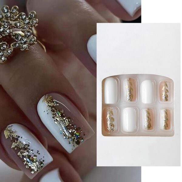 S.A.V.I 24 Pcs Medium-Length Nude & White Press-On Nails with Glitter | Square False Nails Kit for DIY Nail Art | Natural Look, Comfortable Fit | Perfect for Wedding