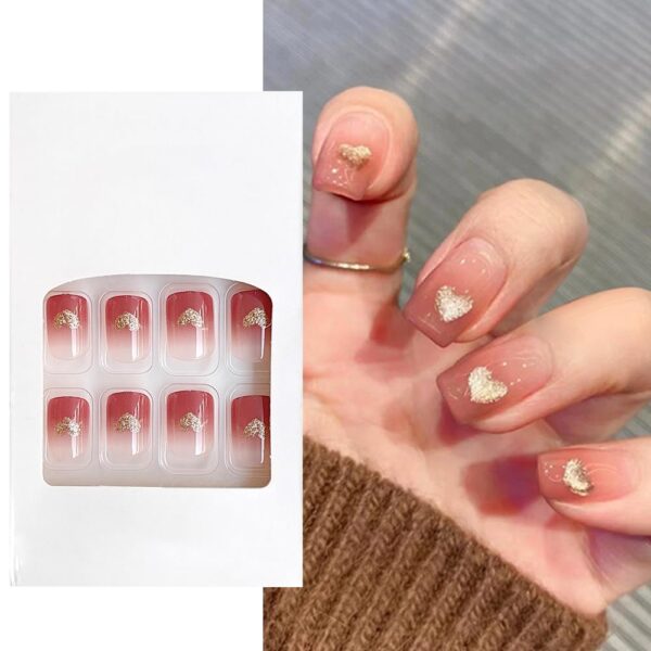 S.A.V.I 24 Pcs Gradient Pink Medium-Length Press-On Nails | Square Fake Nails with Golden Heart Design | DIY Nail Art Kit for Women | Natural Look, Durable | Perfect for Parties & Weddings