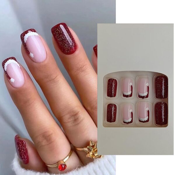 S.A.V.I 24 PCs Medium Square Santa Hat Design Fake Nails - Red & Nude Glitter Christmas Nails for Women | DIY Press-On Nails for New Year Party | Natural, Delicate, Comfortable