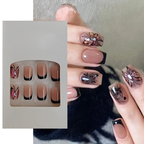 S.A.V.I 24 Pcs Short Square French Manicure Fake Nails | Nude & Black with Rose & Butterfly Pink Glitter Design | DIY Press-On Nail Set for Women | Natural, Comfortable & Perfect for Parties