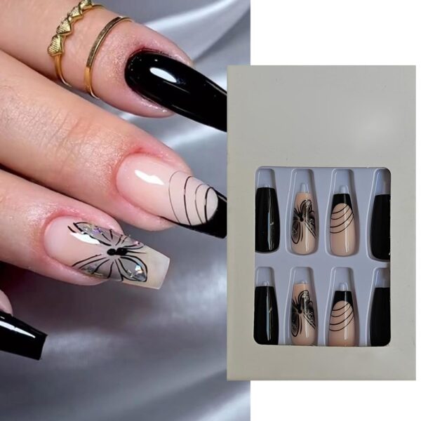 S.A.V.I 24 Pcs Long Coffin Press-On Nails - Black & Nude Butterfly Design | Reusable Artificial Nails for Women & Girls | Trendy, Stylish Nail Art for Quick Manicure | Durable