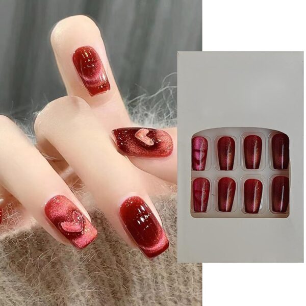 S.A.V.I 24 PCs Medium Length Red Cat's Eye Coffin Shape False Nails - Stylish Heart Design | Premium Press-On Nail Set for Women | Natural, Comfortable Artificial Nails for Parties