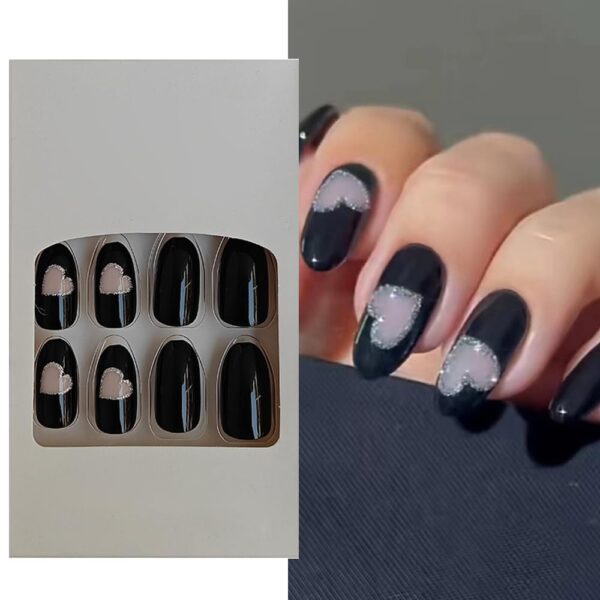 S.A.V.I 24 Pcs Black Medium-Length Fake Nails - Hollow Heart Glitter Design, Round Shape, Easy Stick-On Nails for Women, Natural Look, Comfortable Fit - Perfect for Parties