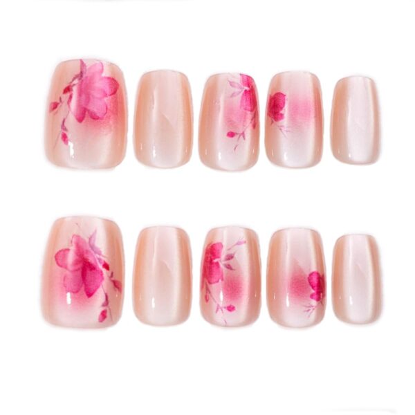 S.A.V.I 10 PCs Medium Length Natural Shape Nude Cat’s Eye Pink Floral Designer Press-On Nails | Handmade Elegant False Nails | Perfect Fit for Medium Width | Reusable & Easy to Apply