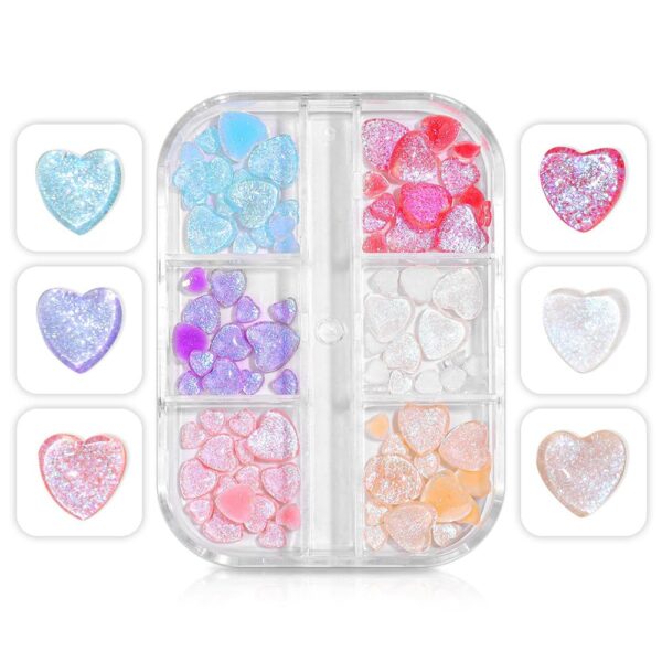 S.A.V.I 3D Glitter Heart Nail Art Decorations – Multi-Color Sparkly Nail Charms, 2 Sizes – Acrylic & Manicure Designs – Trendy DIY Nail Accessories with Shiny Glitter Hearts in Compact Box
