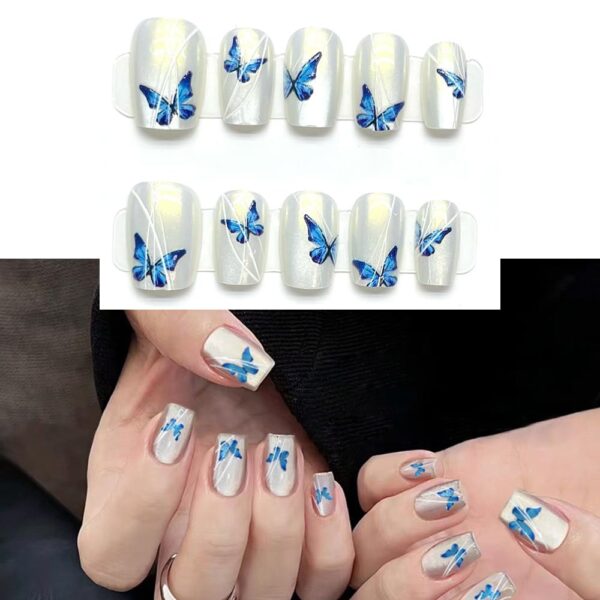 S.A.V.I 10 PCs Grey Silver Cat's Eye False Nails with Blue Butterfly Print - Handmade Medium Length Natural Shape Fake Nails | Elegant, Durable Nail Art for Medium Width Nails for Women