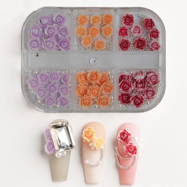 S.A.V.I 3D Rose Nail Art Decorations Set - Multi-Color (Purple, Orange, Red) with Pearls | 3D Floral Design for Nail Extension & Manicure | DIY Nail Art Kit for Women & Girls | Small Storage Box