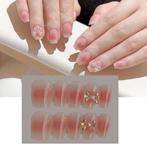 S.A.V.I 10 Pcs Nude Color Handmade Designer False Nails with 3D Aurora Bowknot – Medium Length Natural Shape Press-On Nail Set for Women | Elegant, Easy to Use, Long-Lasting | Perfect for Medium Width Nails
