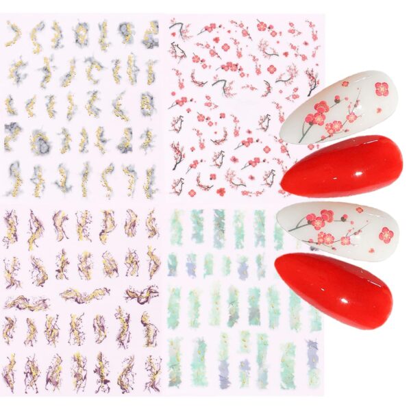 S.A.V.I 4 Pcs Marble Cherry Blossom Nail Art Stickers – Glittery Self-Adhesive Floral & Abstract Designs for DIY Nail Decoration | Easy to Apply, Long-Lasting Manicure Stickers for Women & Girls