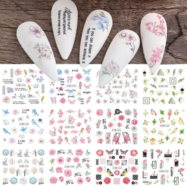 S.A.V.I 12 Sheets Floral Water Transfer Nail Art Stickers | Butterfly, Bird & Rose Designs | DIY Nail Decals for Manicure | Vibrant Nature Patterns | Easy-to-Use Nail Accessories for Women & Girls