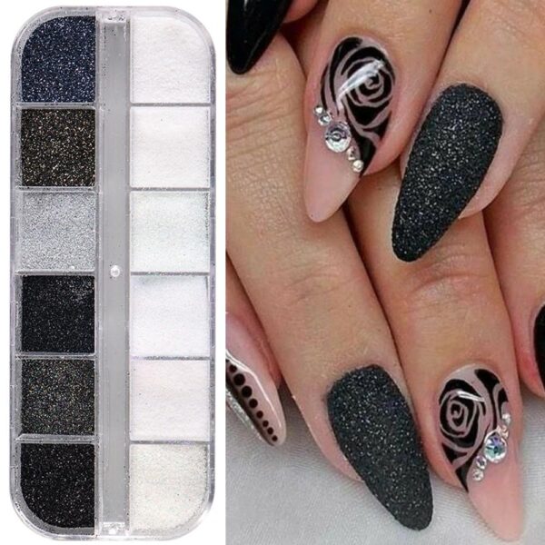 S.A.V.I 12 Grid White & Black Sugar Powder Glitter Nail Art Kit | Sparkle Powder for Winter Nails | Shimmer Nail Accessories | DIY Nail Design | Long-Lasting Shine | Easy Application | 1 Box