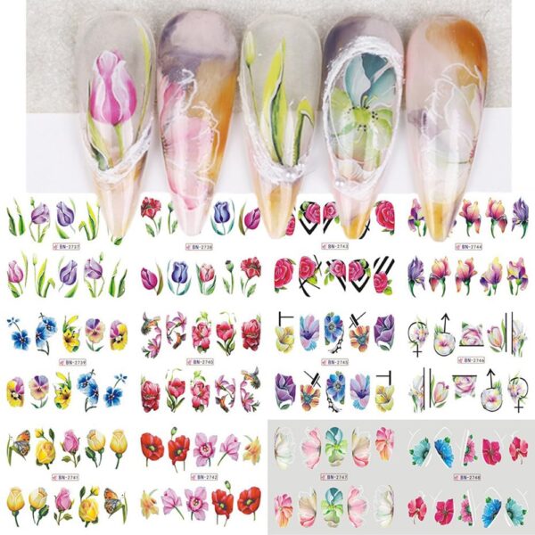 S.A.V.I 12 Sheets Big Floral Water Nail Decals Stickers – Vibrant Flower Nail Art Designs for Manicure, Easy-to-Use Water Transfer Wraps for Stylish & Elegant Nails, DIY Salon at Home