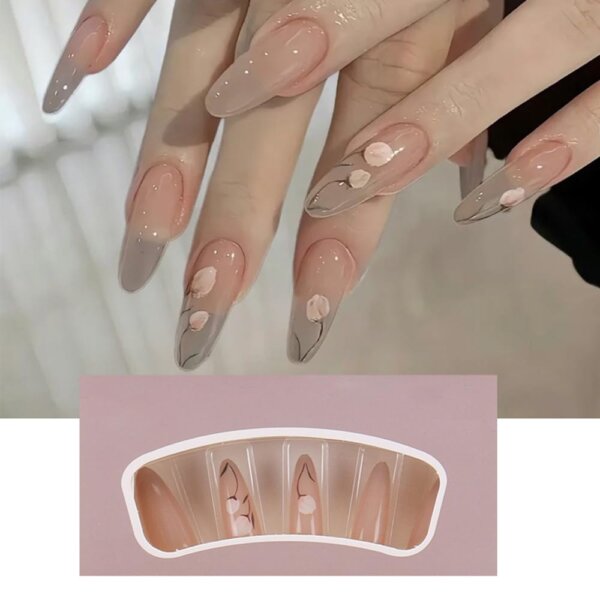 S.A.V.I 30 Pcs Long Round Nude Fake Nails | Glossy Press-On Nails with Elegant Floral Print | Reusable Artificial Nails for Women | DIY Manicure Kit with Adhesive Tabs & Glue | Salon-Style False Nails for Parties