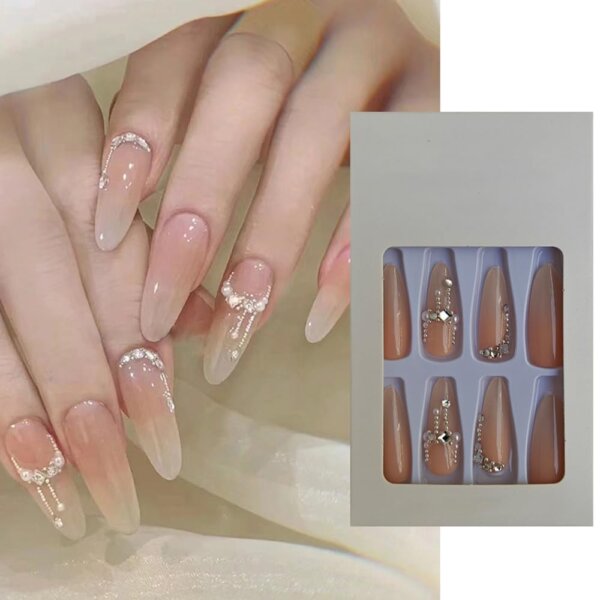 S.A.V.I 24 Pcs Long Nude Press-On Nails with Rhinestones & Pearls | Reusable False Nails with Glue & Adhesive Tabs | Elegant Artificial Nail Set for Women & Girls | DIY Manicure at Home | Salon-Quality Look