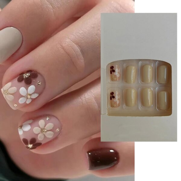 S.A.V.I 24 Pcs Short Natural Shape Press-On Fake Nails - Maroon & White Floral Design | Reusable False Nails Set for Women & Girls | Glossy Finish, Easy to Apply, Comfortable Fit | DIY Nail Art Kit