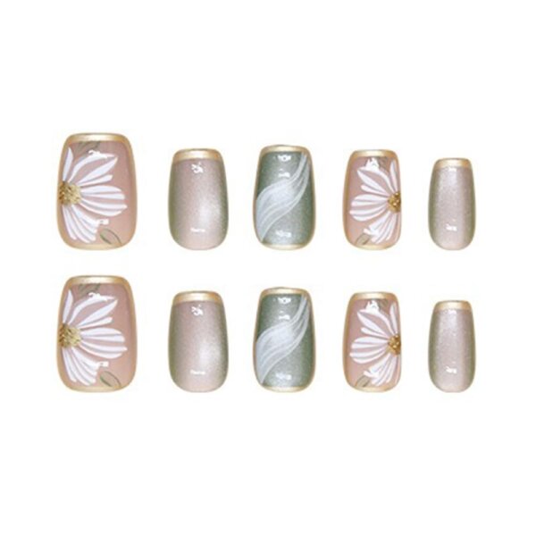 S.A.V.I 30 Pcs Medium Length Nude & Green Cat's Eye Fake Nails | Reusable Press-On Artificial Nails for Women & Girls | Natural Shape False Nails with Floral Print | Long-Lasting, Easy to Apply & Remove