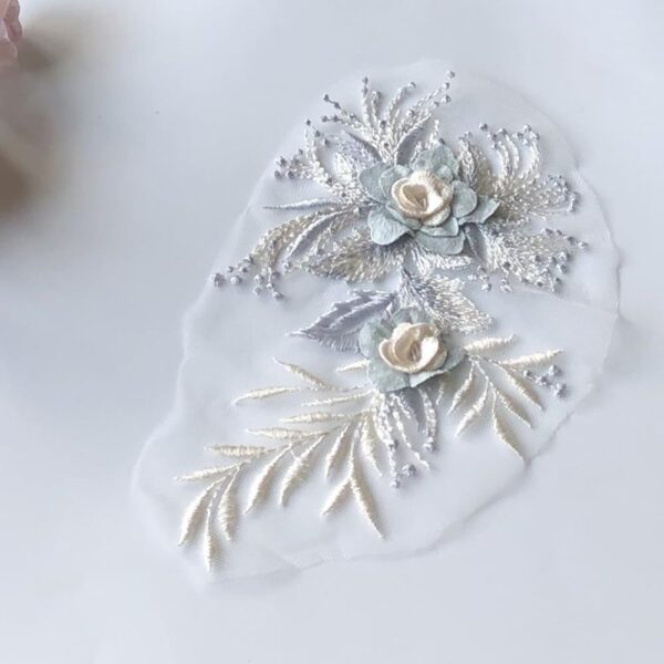 S.A.V.I 1PC 3D Flower Embroidery Patch Mesh Fabric Lace Applique | Sew-on Wedding Dress Clothes Decoration | DIY Craft | 21.5x12CM | Elegant Floral Design | Best for Bridal Gowns & DIY Projects (Blue)