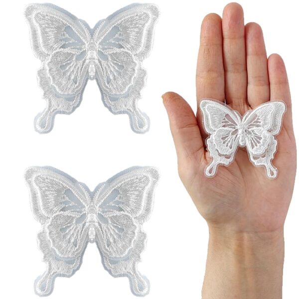 S.A.V.I 2PCS Embroidered Big Butterfly Appliqué Patches - Delicate Organza White Lace Design | Easy Sew-On Patches for Craft Projects, Clothing, Accessories | Decorative Patch Set (2.2x2.1 inches)