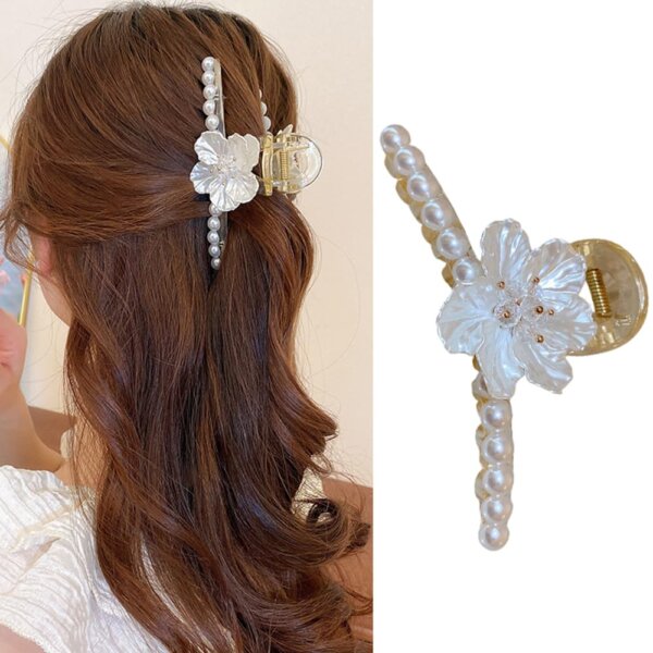 S.A.V.I White & Gold Shell Flower & Pearl Hair Clip for Women | Stylish Big Floral Design | Elegant Wedding, Party Hair Accessory | (1 Pc)