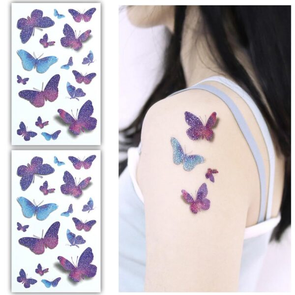 S.A.V.I 2pcs Glittery Butterfly Temporary Tattoo Stickers, Sparkling Purple & Blue, Waterproof Body Art for Kids & Adults, 7.5x12 cm, for Parties, Festivals, & Gifts