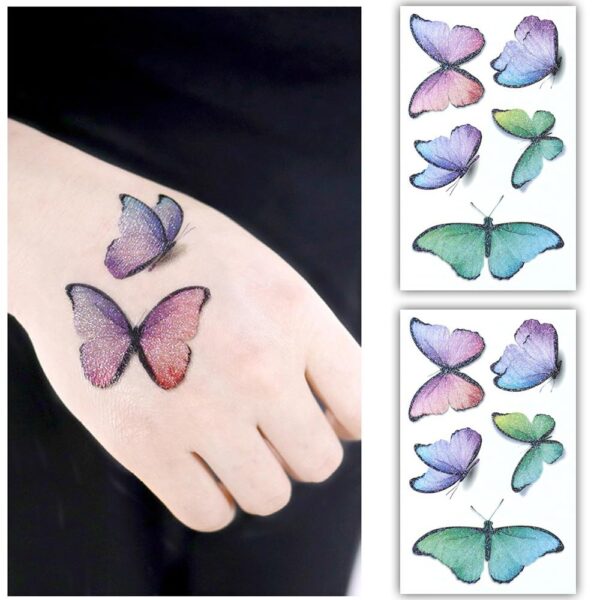 S.A.V.I 2pcs Glittery Butterfly Temporary Tattoo Stickers – Multicolor Purple, Pink, Green & Blue, Waterproof, Sparkling Glitter Finish, 7.5x12 cm, Long-Lasting Tattoos for Kids & Adults