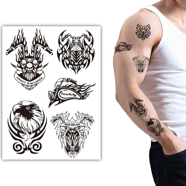 S.A.V.I 1Pc Black Tribal Design Temporary Tattoo Sheet (15x21 cm) - Waterproof Arm & Shoulder Stickers for Men | Bold & Stylish Body Art with Eagle, Skull & Bike Themes | Easy Apply & Remove