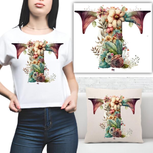 S.A.V.I 1PC Floral Alphabet Iron-On Patch – Washable Heat Transfer Sticker for DIY T-Shirts, Jeans, Pillows, Backpacks, Hats – Easy Applique with Beautiful Flower Design – Clothing & Accessories Patch (T)