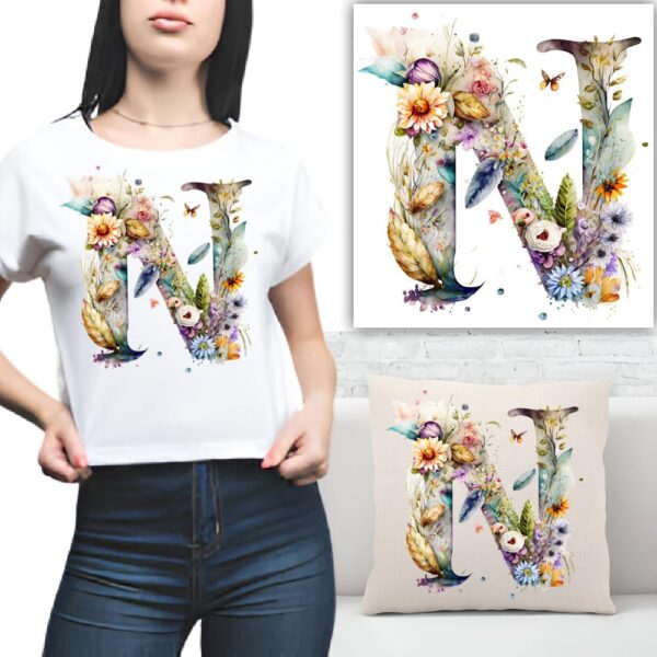 S.A.V.I 1PC Floral Alphabet Iron-On Patch – Washable Heat Transfer Sticker for DIY T-Shirts, Jeans, Pillows, Backpacks, Hats – Easy Applique with Beautiful Flower Design – Clothing & Accessories Patch (N)