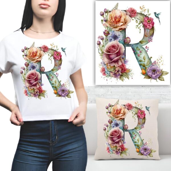 S.A.V.I 1PC Floral Alphabet Iron-On Patch – Washable Heat Transfer Sticker for DIY T-Shirts, Jeans, Pillows, Backpacks, Hats – Easy Applique with Beautiful Flower Design – Clothing & Accessories Patch (R)