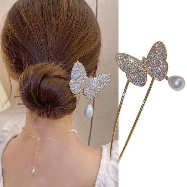 S.A.V.I 1pc Elegant Gold Butterfly Hairpin with Rhinestone Detailing & Hanging Pearl | Stylish Hair Accessory for Women & Girls | Perfect for Weddings, Parties, Festive Looks