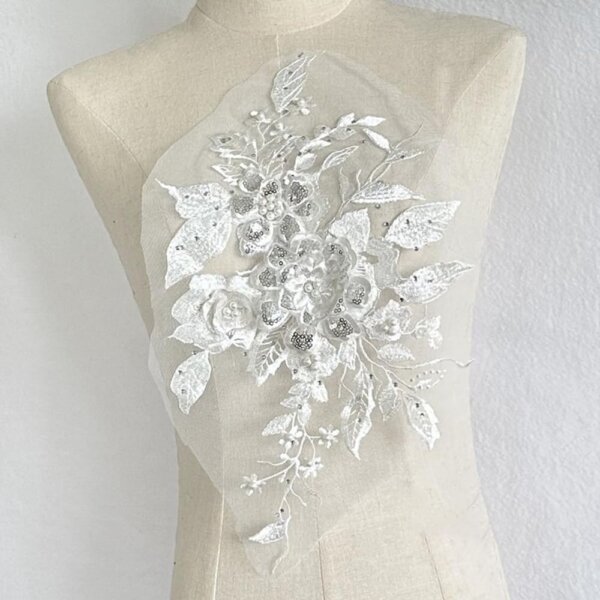 S.A.V.I 3D Floral Lace Applique Patch – Handcrafted Beaded & Sequined Embroidery (14.5x9 in) for Bridal Wear, Sarees, Lehengas, Gowns, Blouses & DIY Craft Sewing – 1PC Elegant Fabric Patch (White)